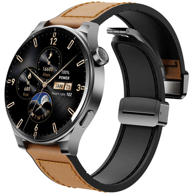 TOZO AMOLED S5 Smart Watch (Answer/Make Calls) 1.43’’ HD Screen for Men Women 100+ Sport Modes Fitness Watchs with Blood Oxygen/Sleep/Heart Rate Monitor IP68 Waterproof Leather Band Orange